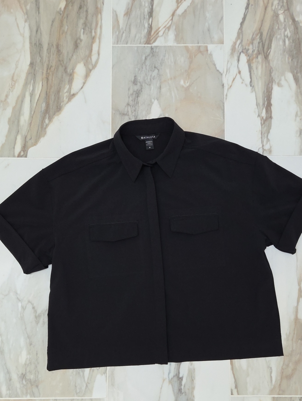 Athleta Black Camp Shirt Boxy Cropped Short Sleeve Button Down Utility Top